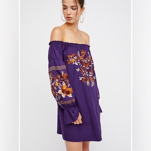 Free People Fleur Du Jour Purple Floral Gold Brown Embroidered Boho Mini Dress M - Picture 1 of 16